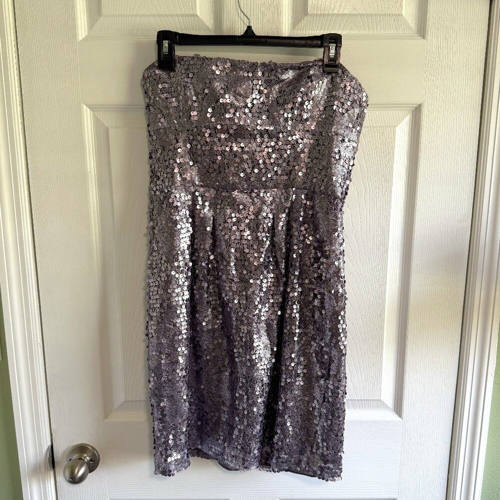 BCBG Maxazria Carole Lilac Mist Metallic All Over Sequin Strapless Dress Size 10